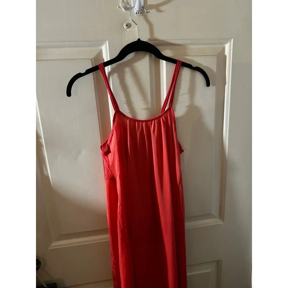 Vintage Med Undercover Wear Red Long Lace Silky Nylon Goddess Nightgown